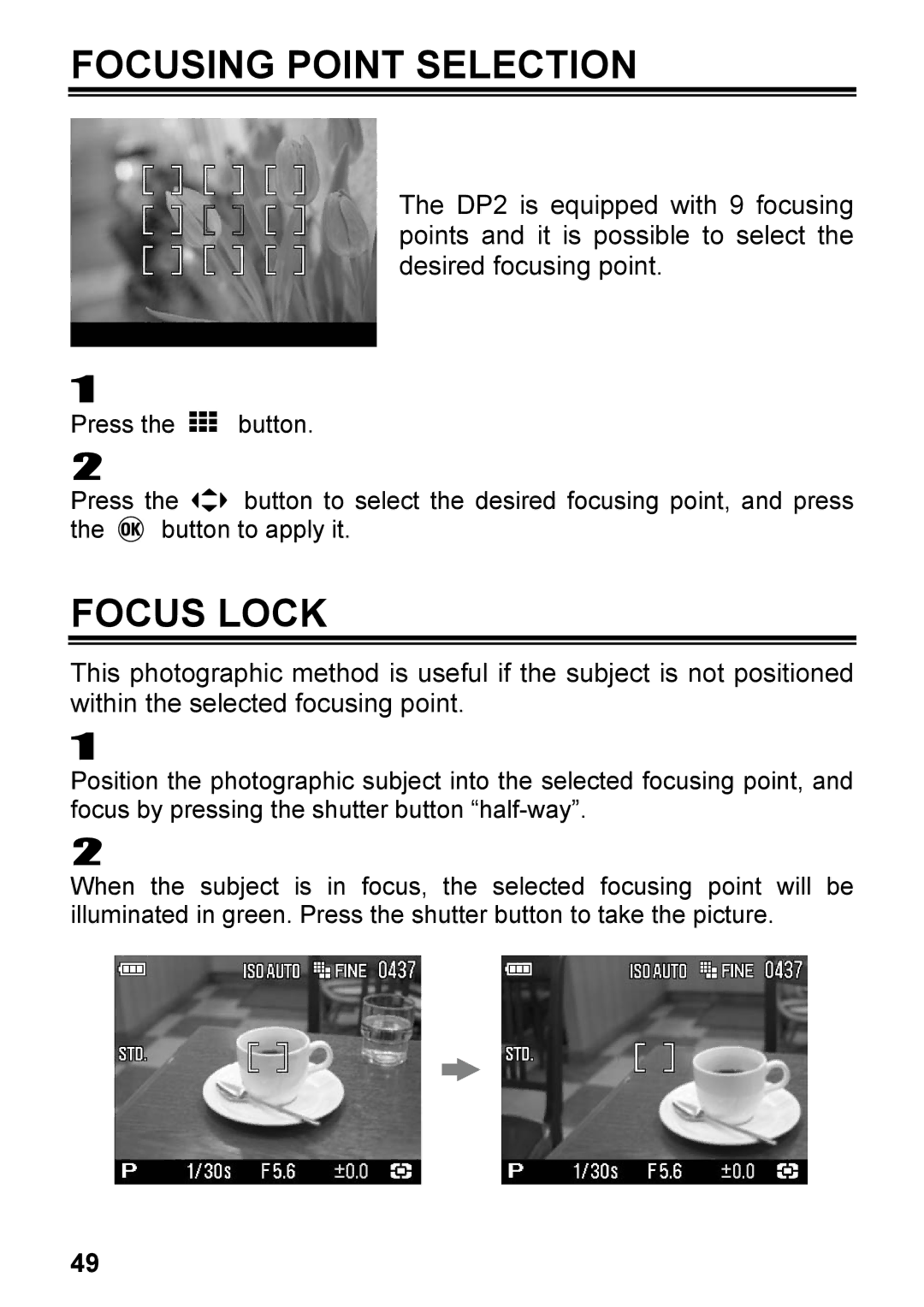 Sigma C72900, DP2 user manual Focusing Point Selection, Focus Lock 