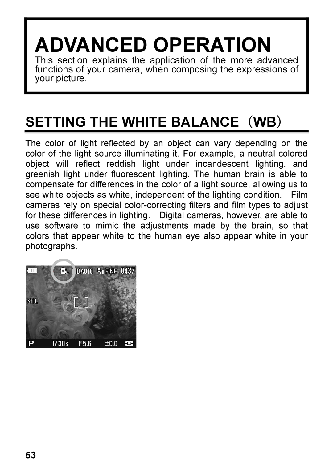 Sigma C72900, DP2 user manual Advanced Operation, Setting the White BALANCE（WB） 