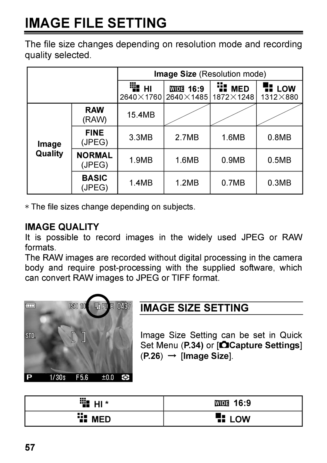 Sigma C72900, DP2 user manual Image File Setting, Image Size Setting, 169, Med Low 