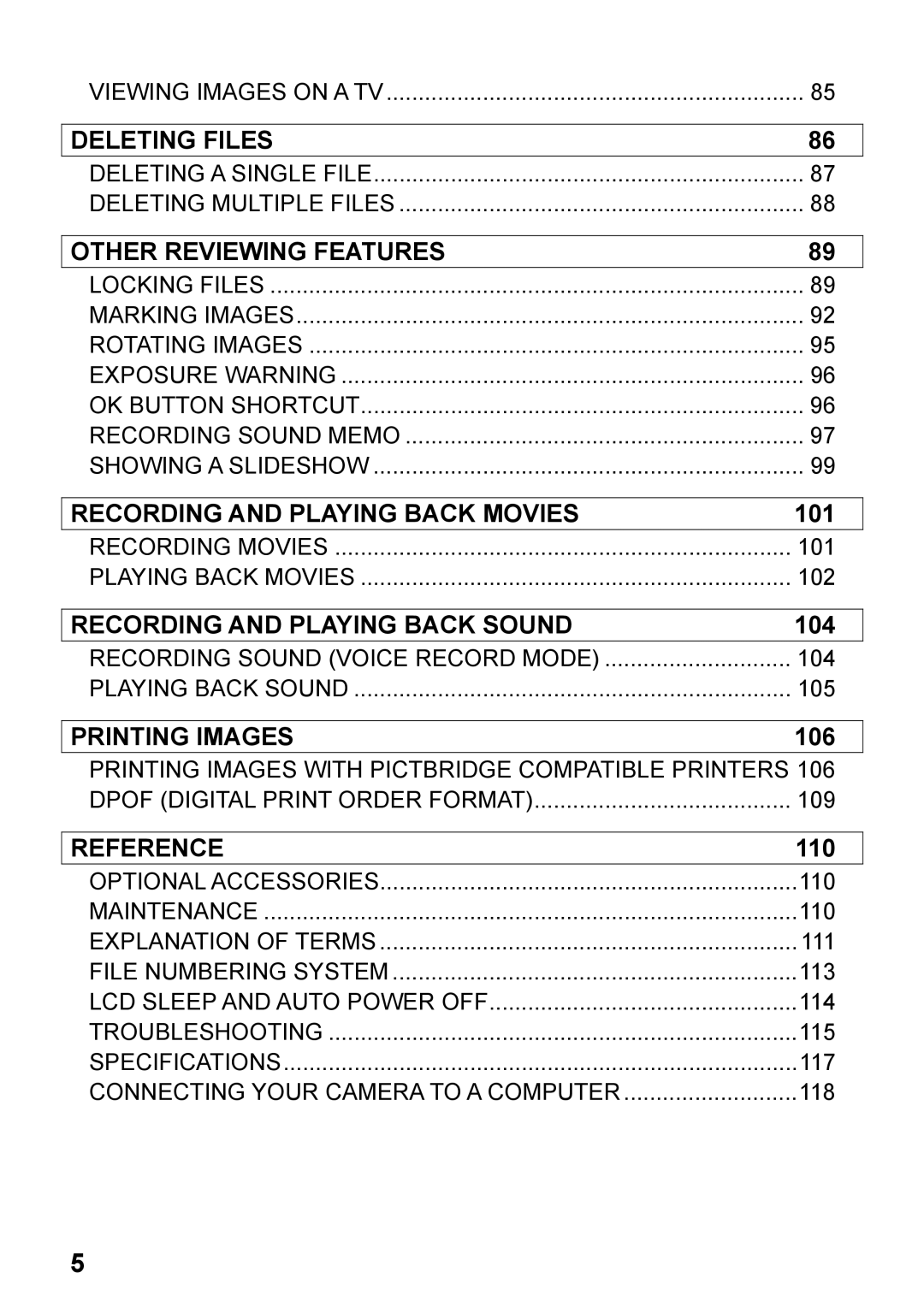 Sigma C72900 Deleting Files, Other Reviewing Features, Recording and Playing Back Movies, Recording and Playing Back Sound 