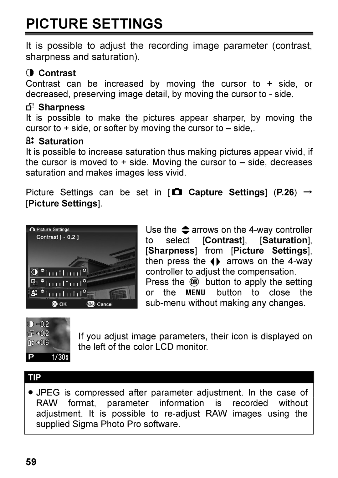 Sigma C72900, DP2 user manual Picture Settings, Contrast, Sharpness, Saturation 