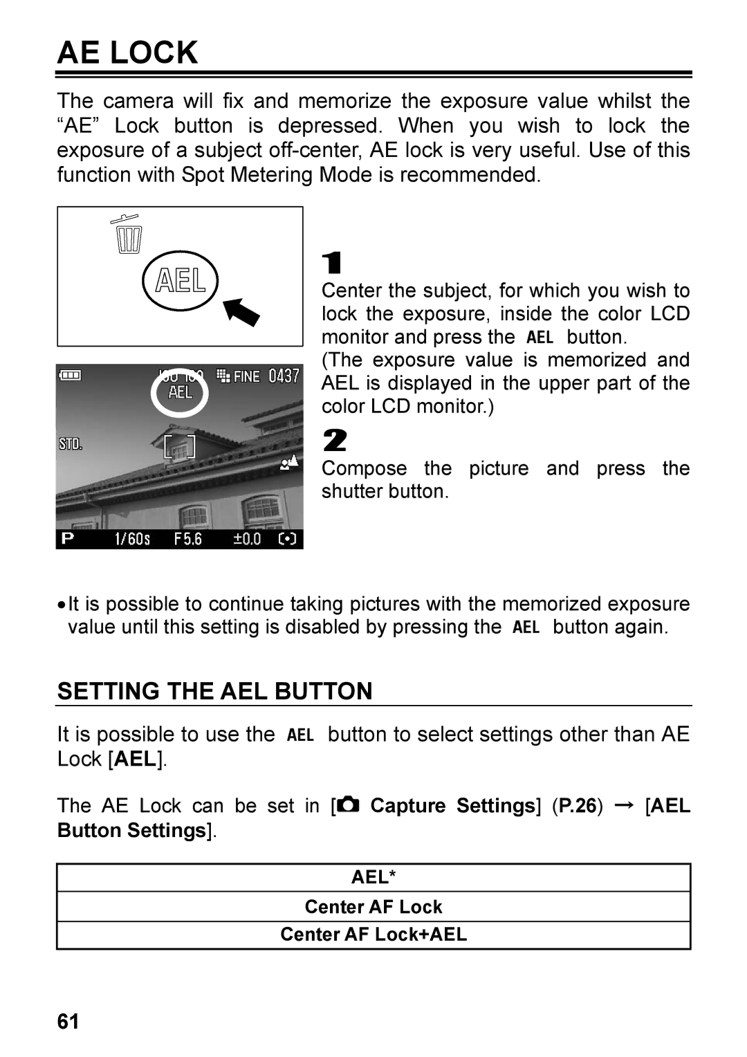 Sigma C72900, DP2 user manual AE Lock, Setting the AEL Button, Center AF Lock Center AF Lock+AEL 