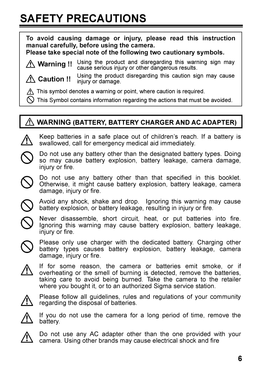 Sigma DP2, C72900 user manual Safety Precautions 