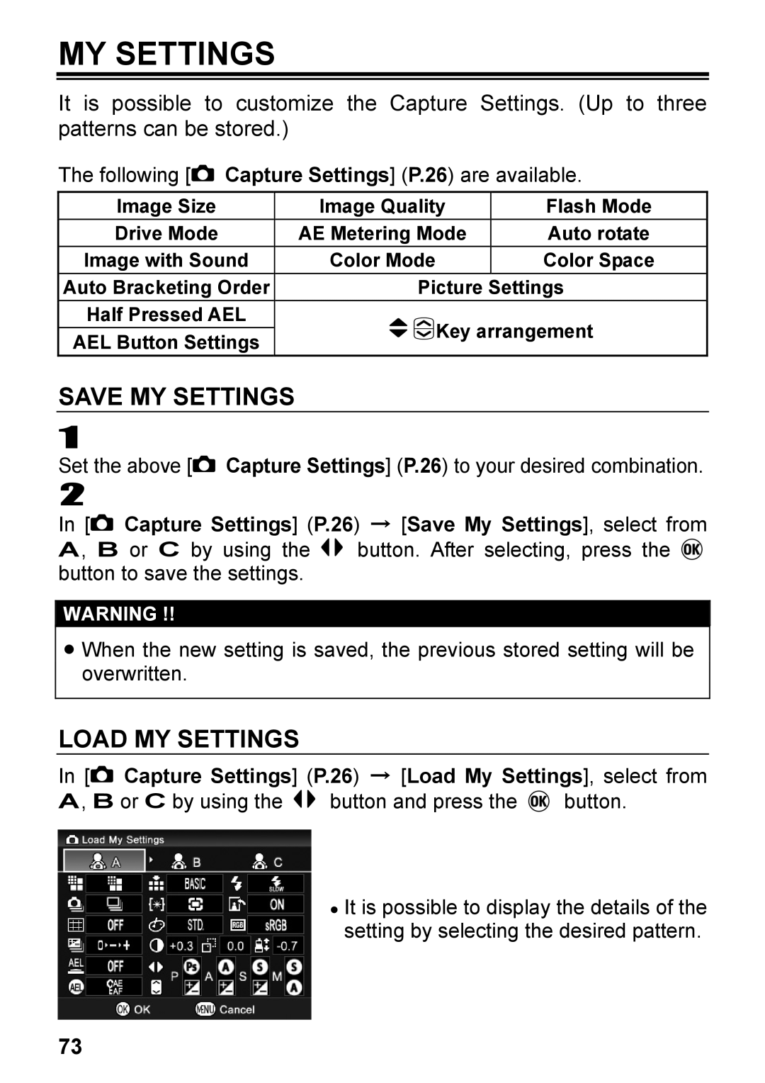 Sigma C72900, DP2 user manual Save MY Settings, Load MY Settings, Capture Settings P.26 → Save My Settings, select from 