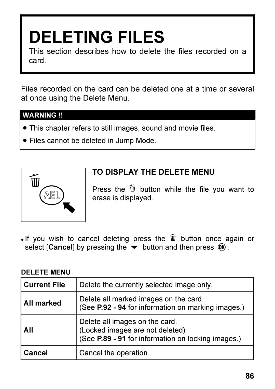 Sigma DP2, C72900 user manual Deleting Files, Current File All marked Cancel, Delete Menu 