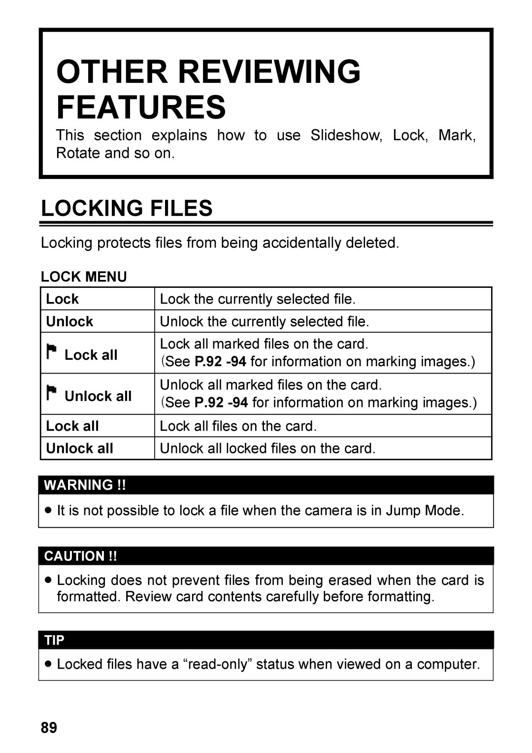 Sigma C72900, DP2 user manual Other Reviewing Features, Locking Files, Lock Menu, Lock Unlock Lock all Unlock all 