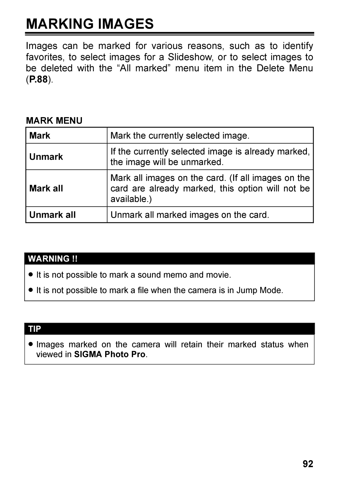 Sigma DP2, C72900 user manual Marking Images, Mark Menu 