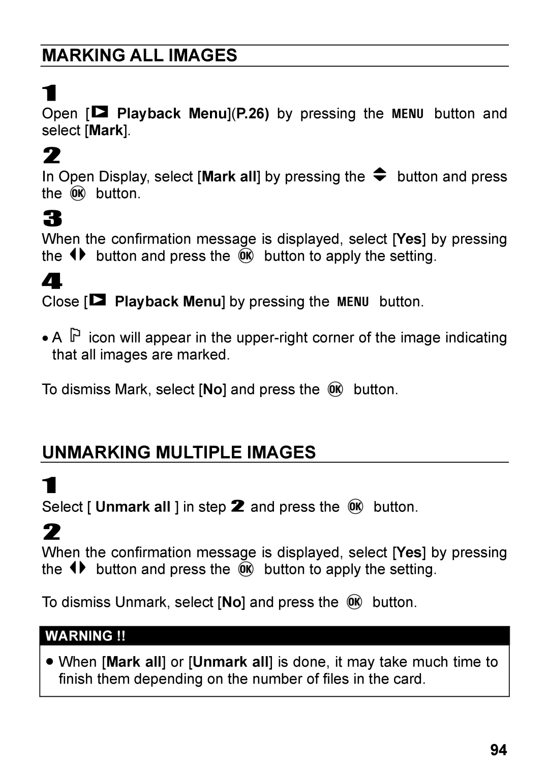 Sigma DP2, C72900 user manual Marking ALL Images, Unmarking Multiple Images 