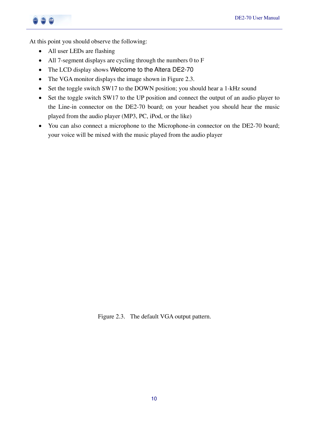 Sigma manual LCD display shows Welcome to the Altera DE2-70 