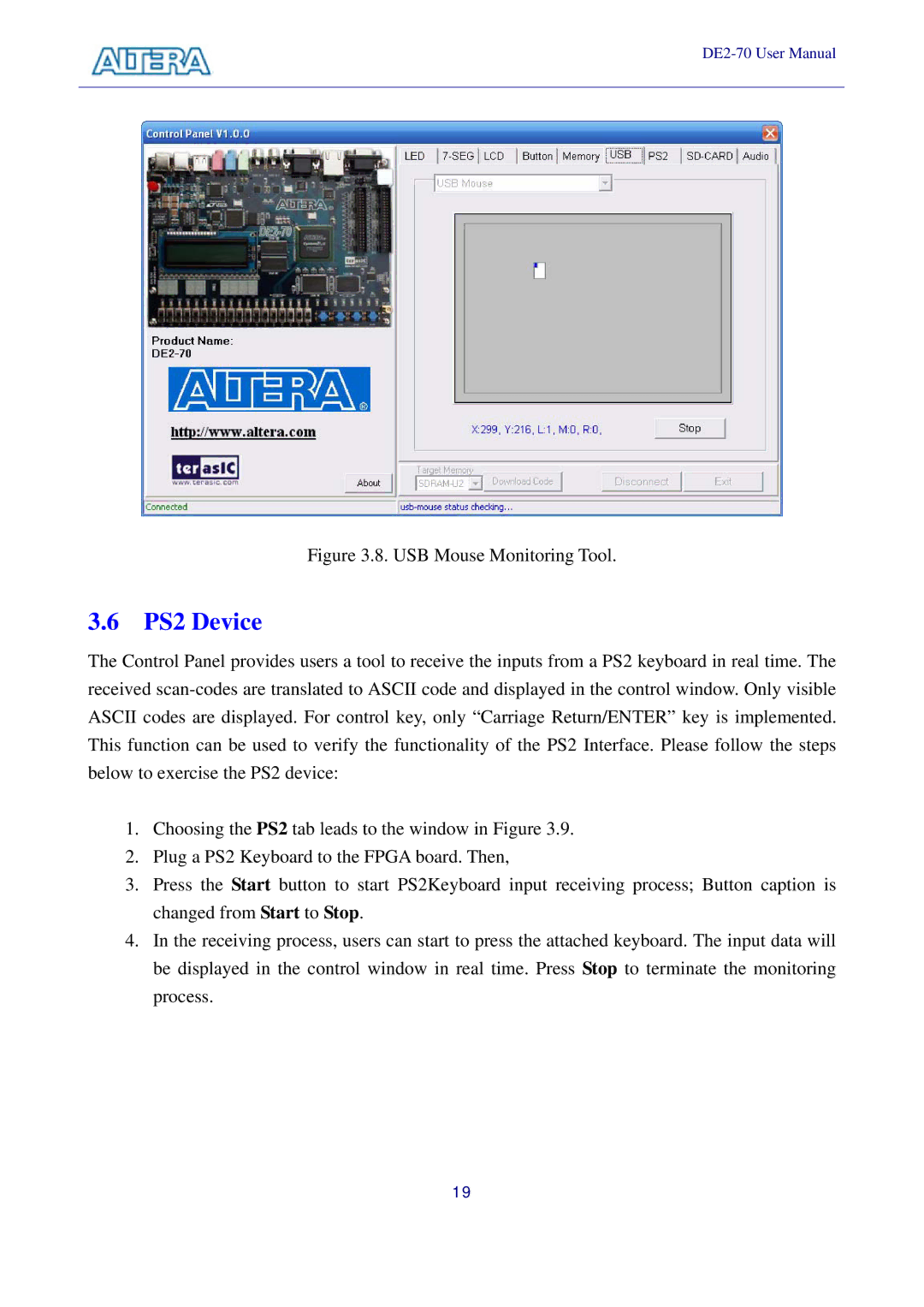 Sigma DE2-70 manual PS2 Device, USB Mouse Monitoring Tool 