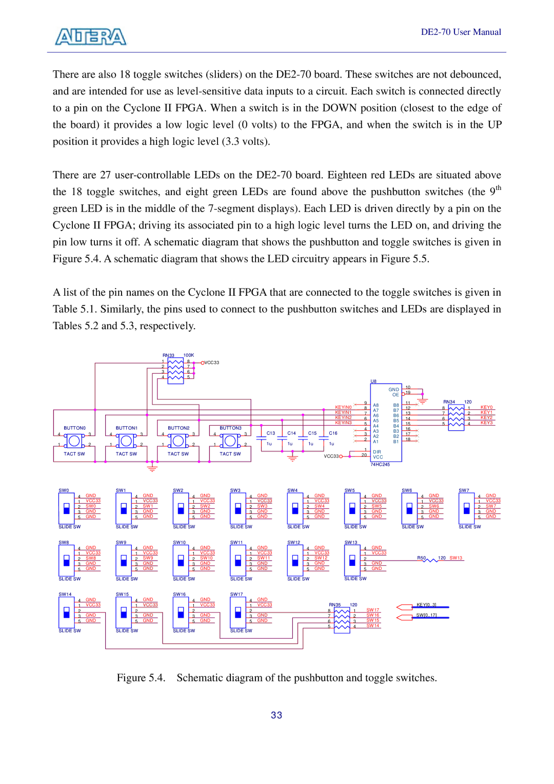 Sigma DE2-70 manual Schematic diagram of the pushbutton and toggle switches 