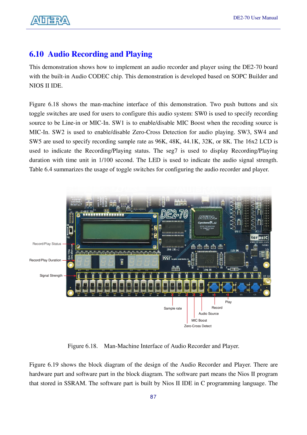 Sigma DE2-70 manual Audio Recording and Playing, Nios II IDE 