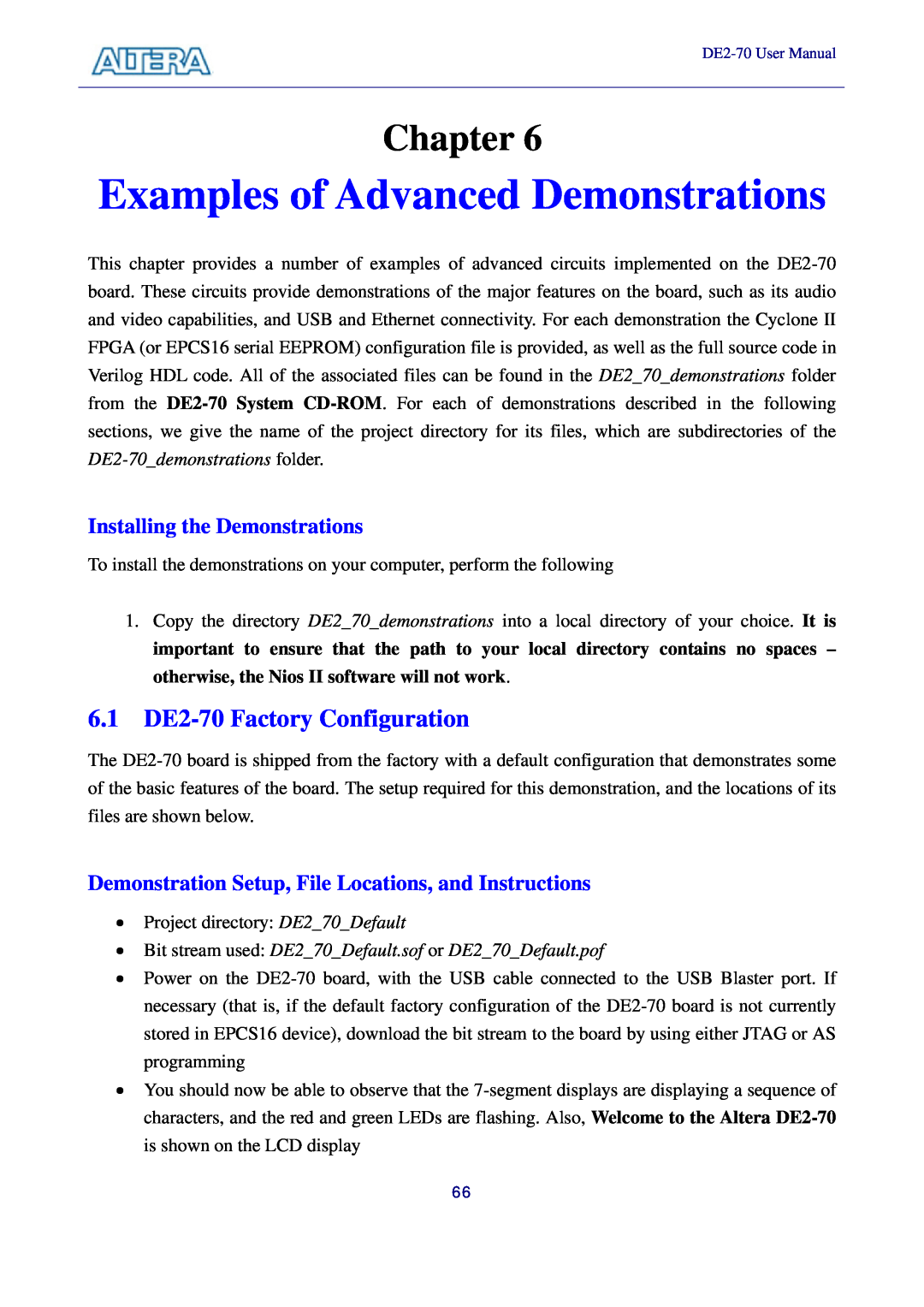 Sigma Examples of Advanced Demonstrations, 6.1 DE2-70 Factory Configuration, Installing the Demonstrations, Chapter 