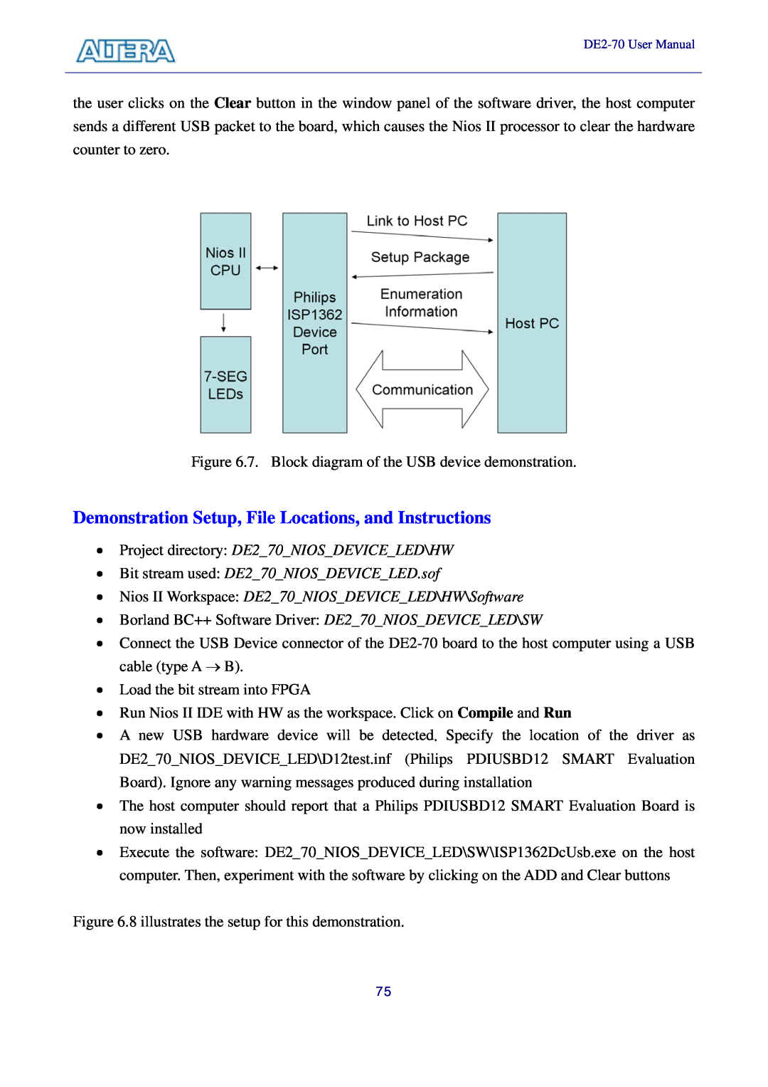 Sigma DE2-70 manual Project directory DE270NIOSDEVICELED\HW, Bit stream used DE270NIOSDEVICELED.sof 