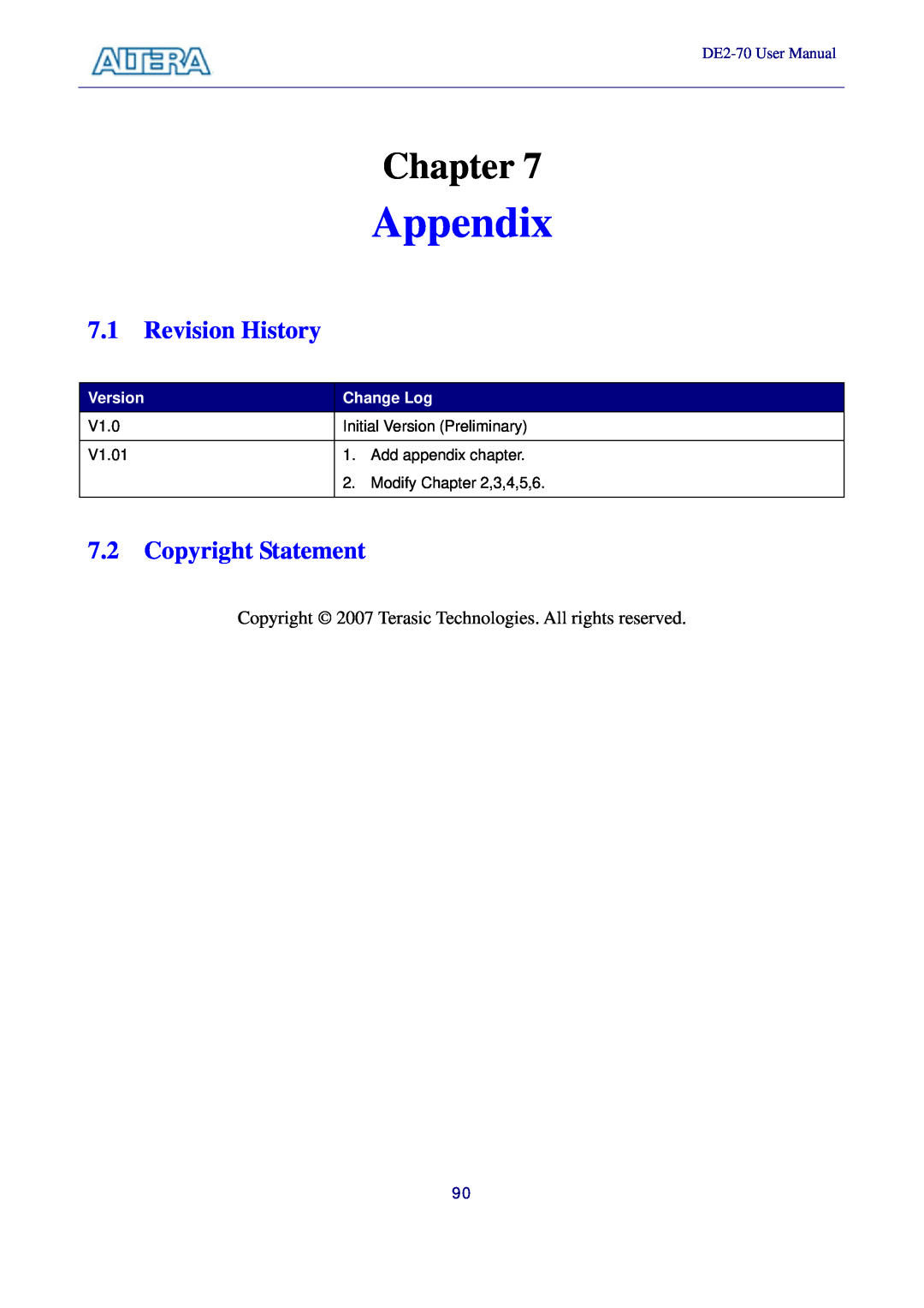 Sigma Appendix, Revision History, Copyright Statement, Chapter, DE2-70 User Manual, Version, Change Log, V1.01 