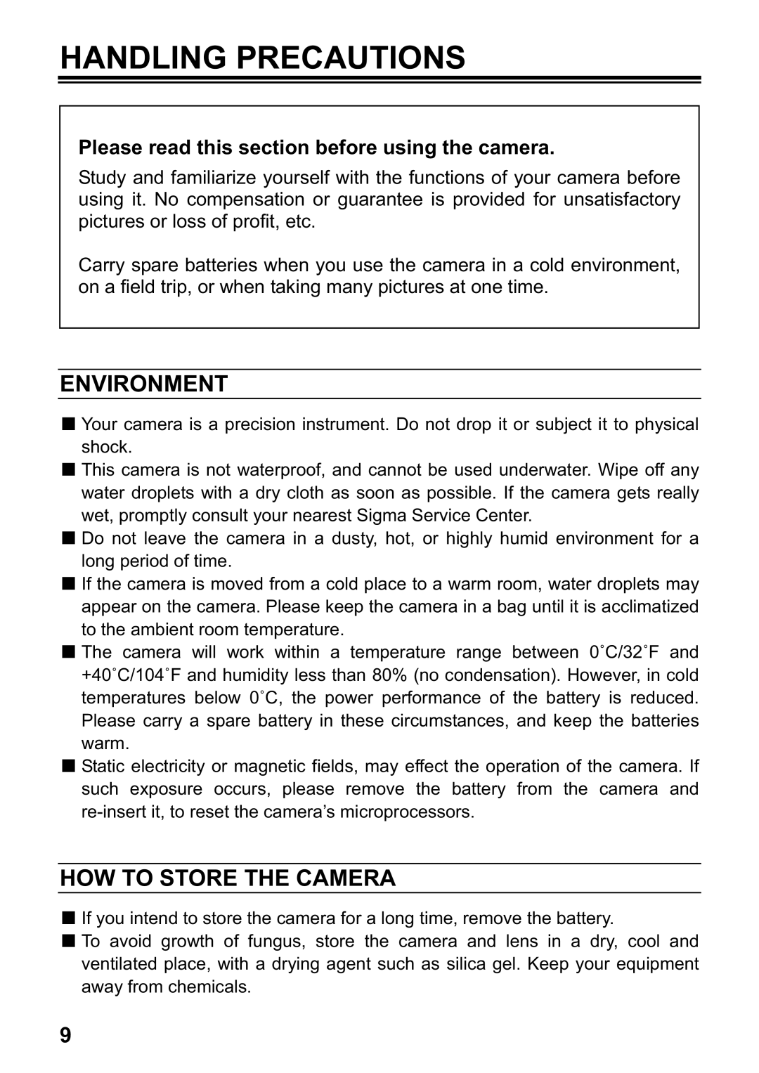 Sigma DP1 Handling Precautions, Environment, HOW to Store the Camera, Please read this section before using the camera 