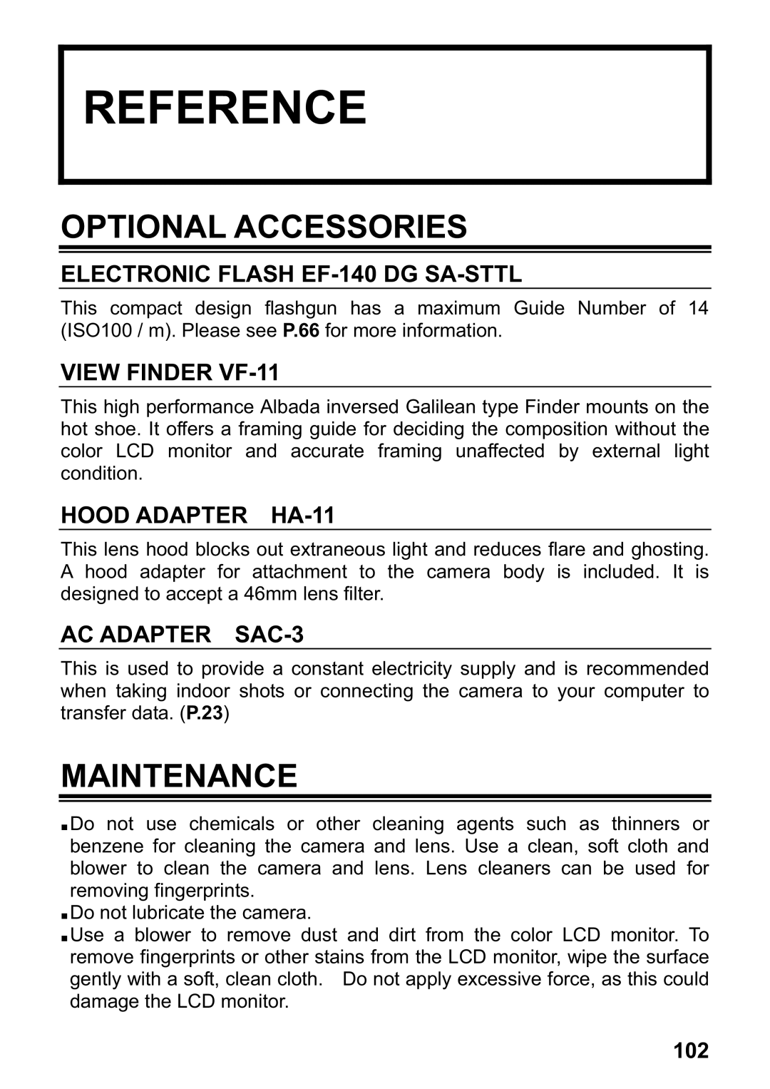 Sigma DP1 user manual Reference, Optional Accessories, Maintenance 