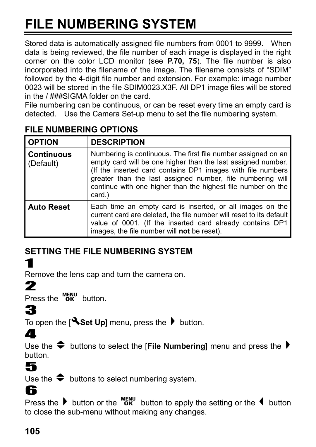 Sigma DP1 user manual File Numbering Options, Setting the File Numbering System 