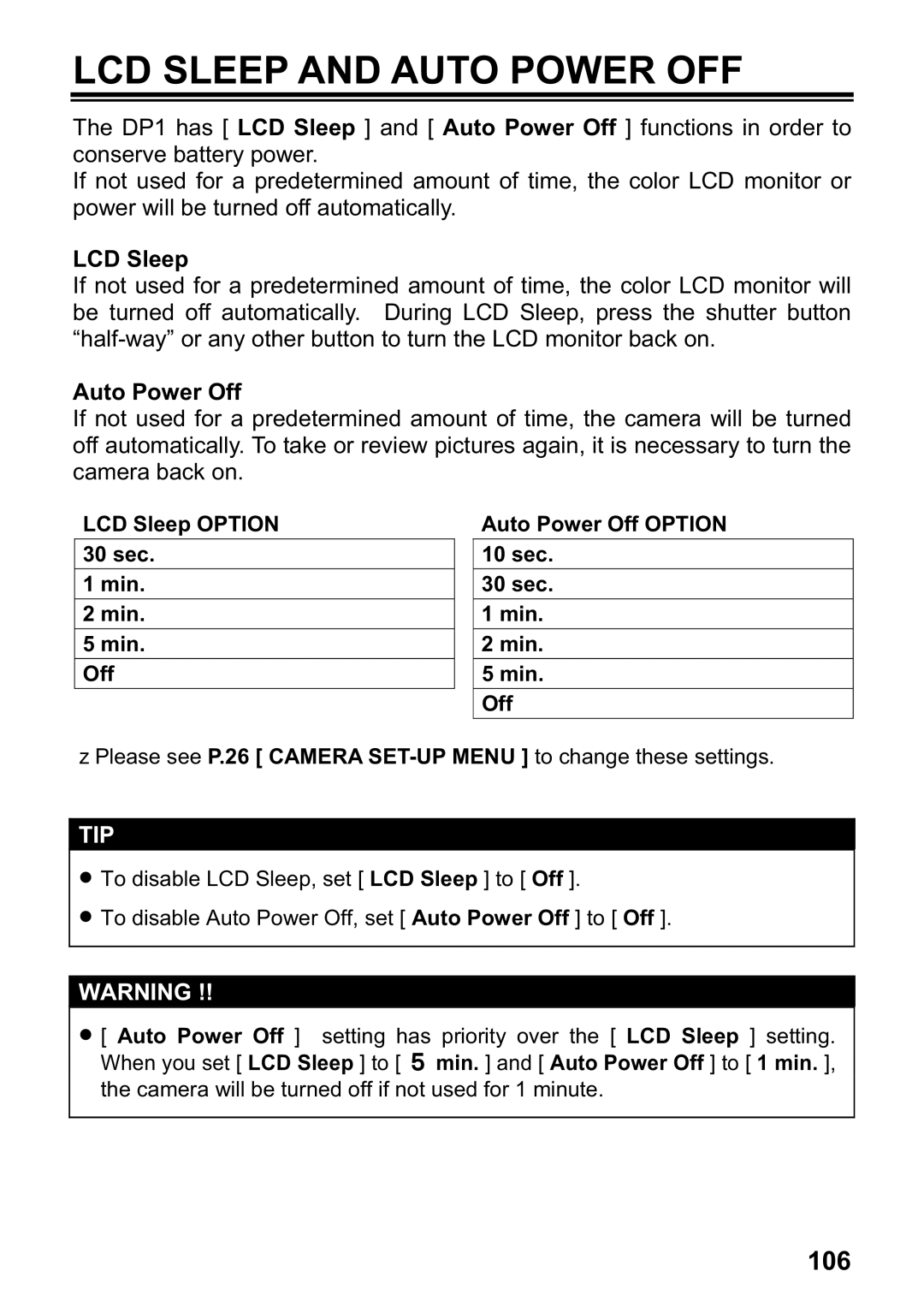 Sigma DP1 user manual LCD Sleep and Auto Power OFF 