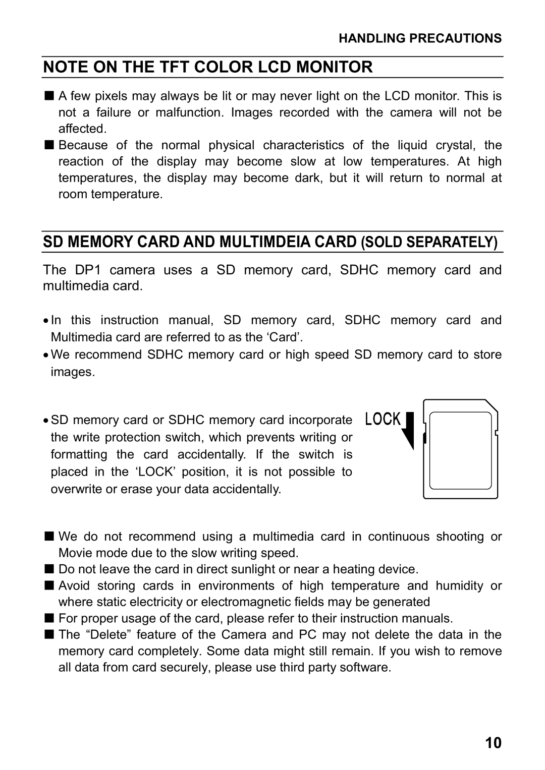 Sigma DP1 user manual SD Memory Card and Multimdeia Card Sold Separately, Handling Precautions 