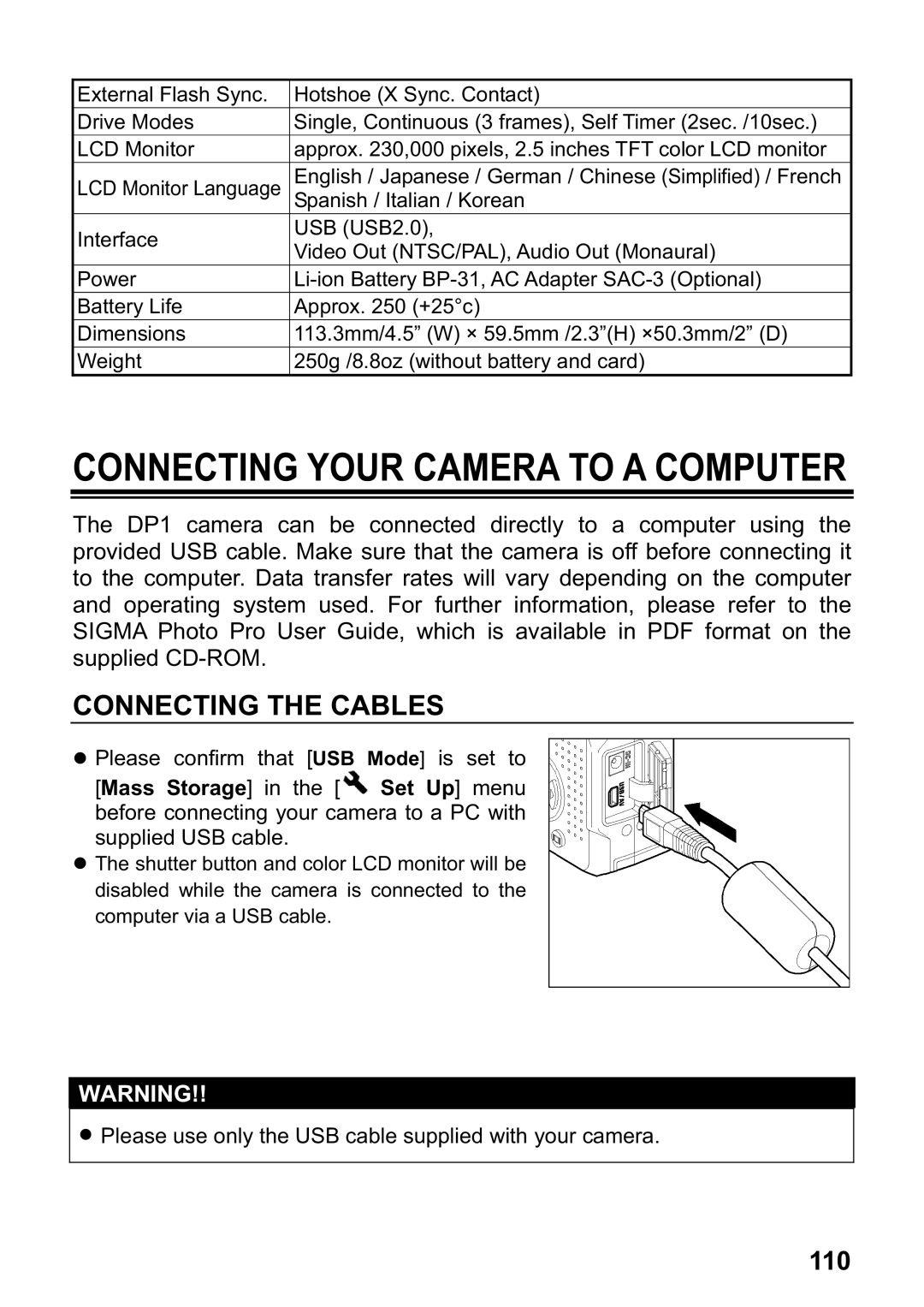 Sigma DP1 user manual Connecting Your Camera to a Computer, Connecting the Cables 