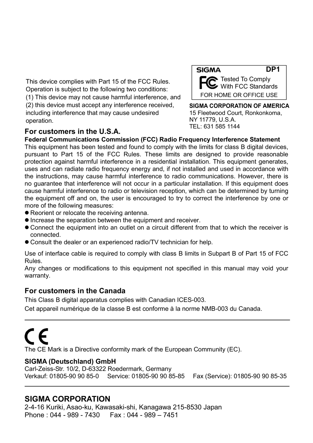 Sigma DP1 user manual Tested To Comply With FCC Standards 