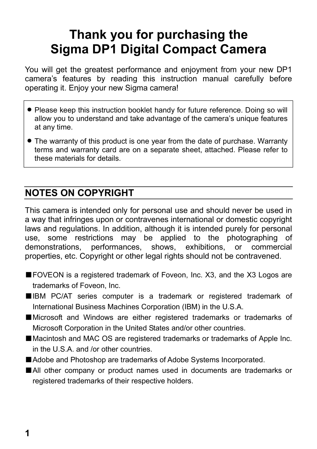 Sigma user manual Thank you for purchasing Sigma DP1 Digital Compact Camera 