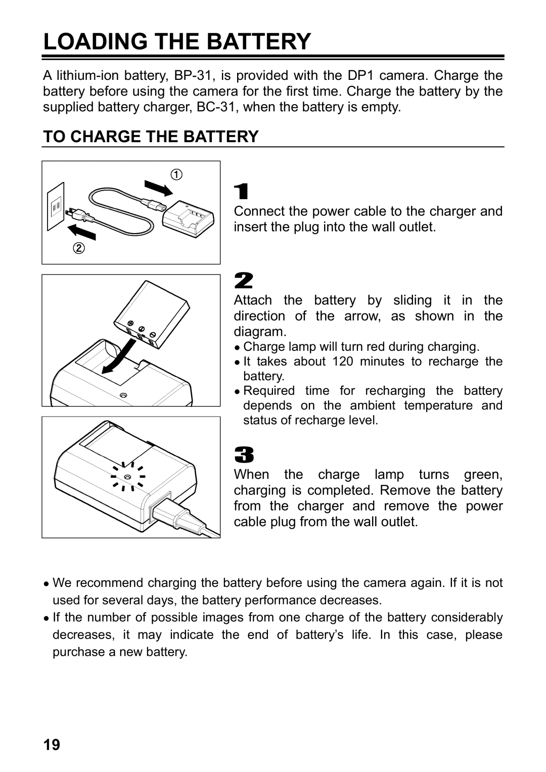 Sigma DP1 user manual Loading the Battery, To Charge the Battery 