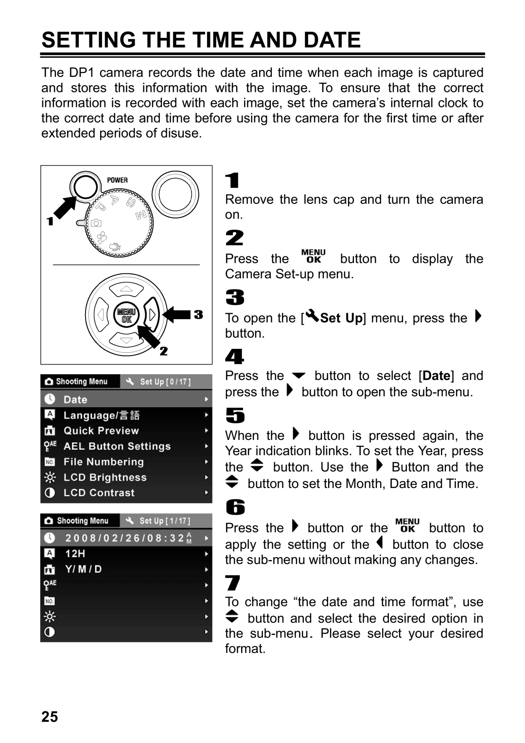 Sigma DP1 user manual Setting the Time and Date 