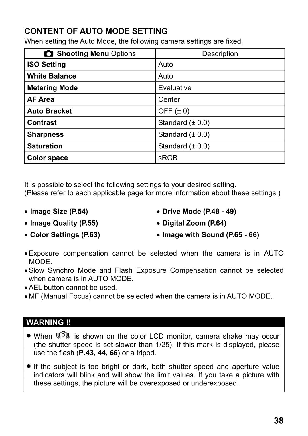 Sigma DP1 user manual Content of Auto Mode Setting, Color space 