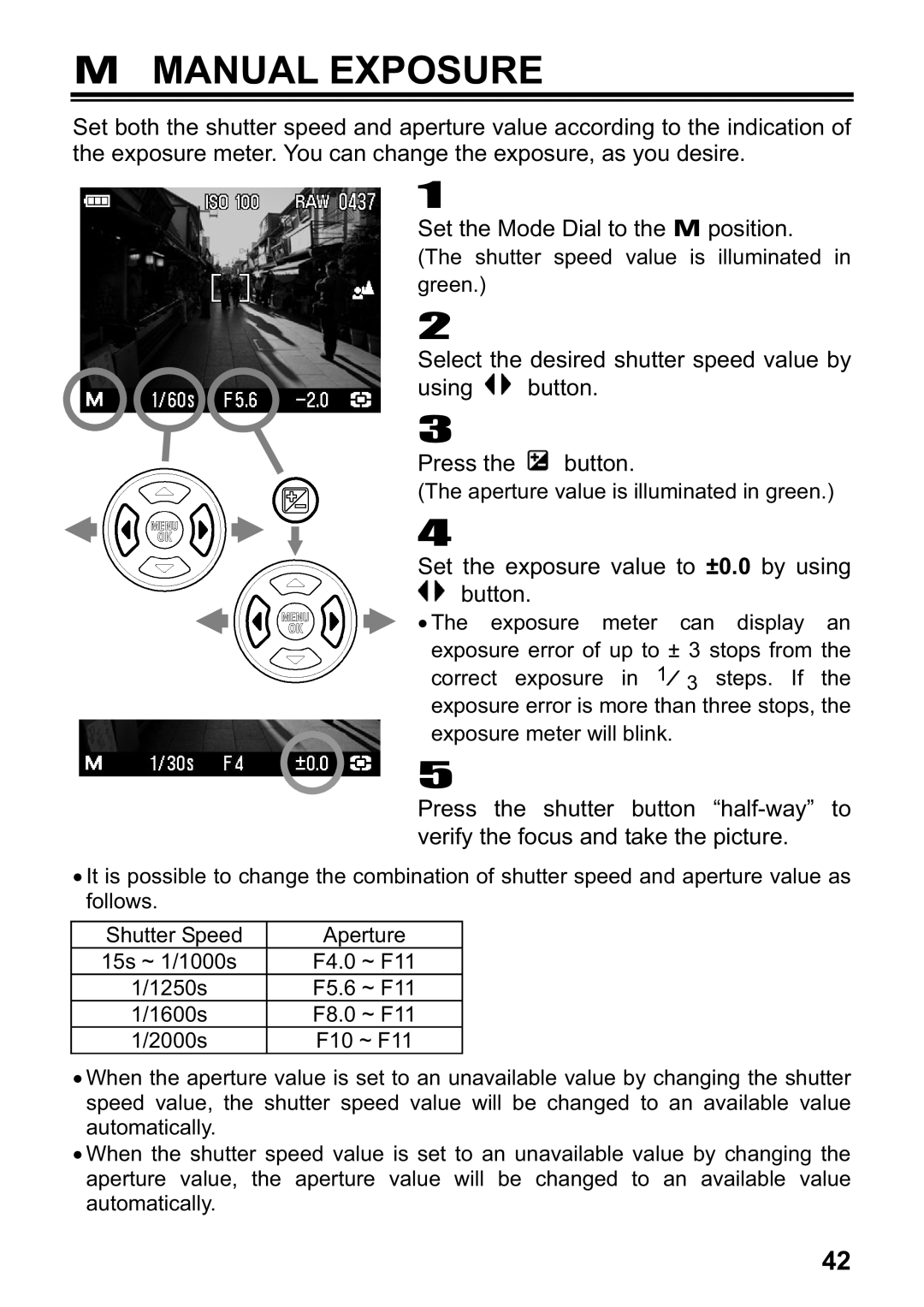 Sigma DP1 user manual Manual Exposure, Set the exposure value to ±0.0 by using Button 