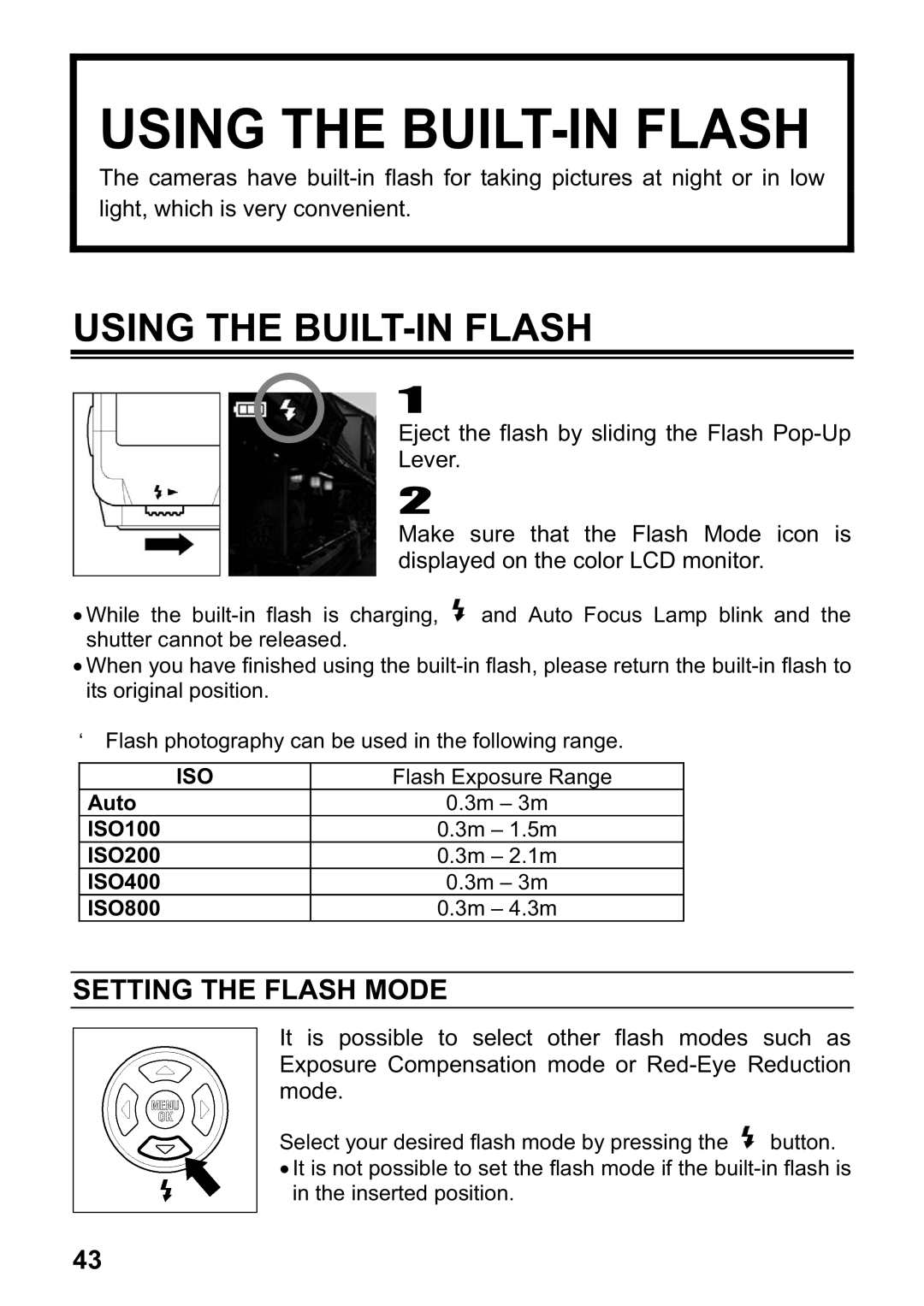 Sigma DP1 user manual Using the BUILT-IN Flash, Setting the Flash Mode, Iso 