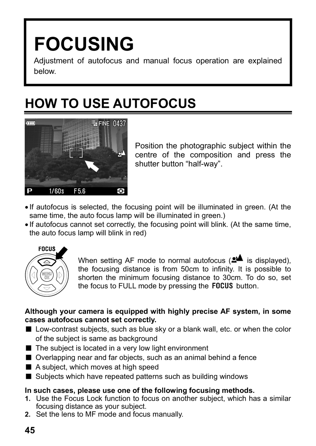 Sigma DP1 user manual Focusing, HOW to USE Autofocus 