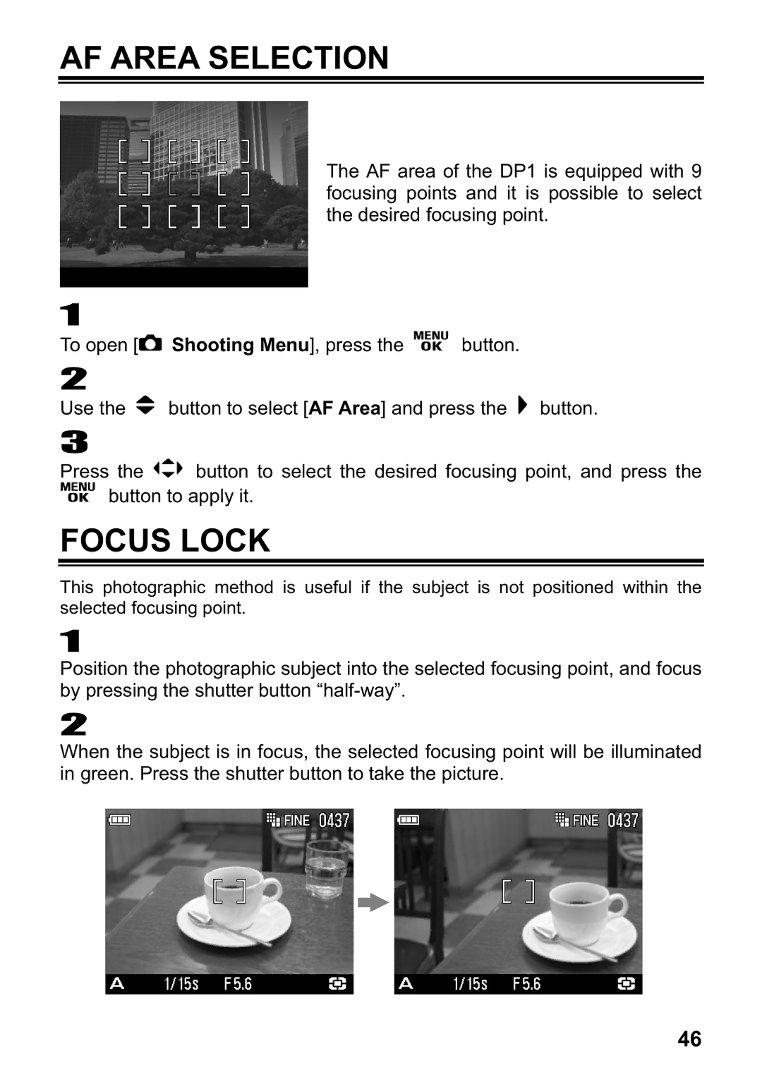 Sigma DP1 user manual AF Area Selection, Focus Lock 