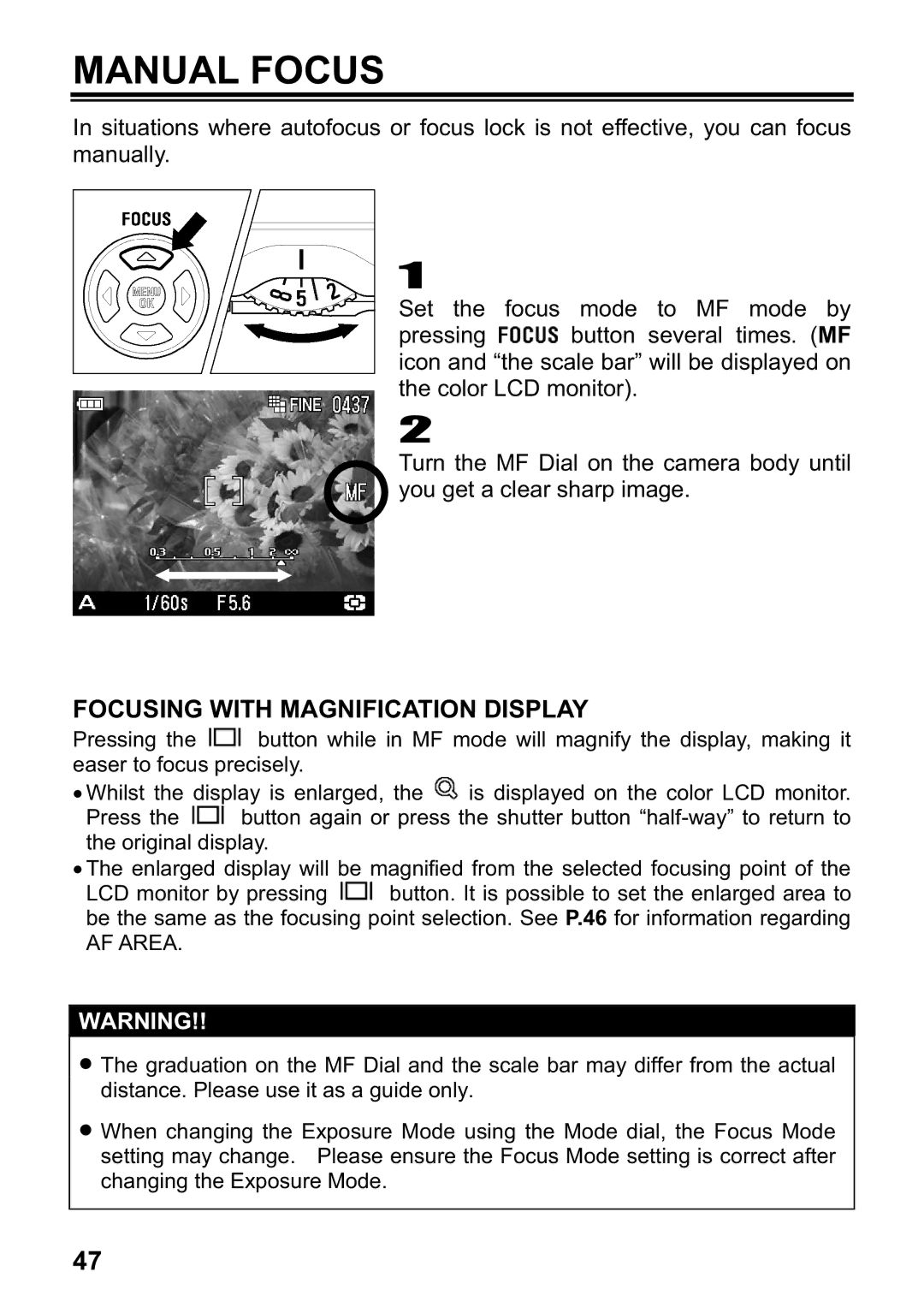 Sigma DP1 user manual Manual Focus, Focusing with Magnification Display 