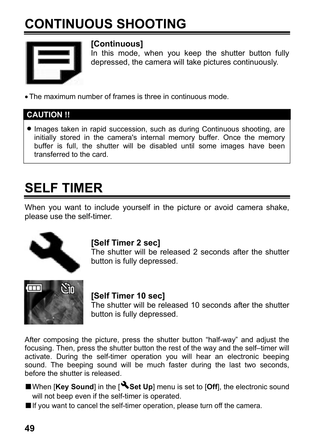 Sigma DP1 user manual Continuous Shooting, Self Timer 2 sec, Self Timer 10 sec 