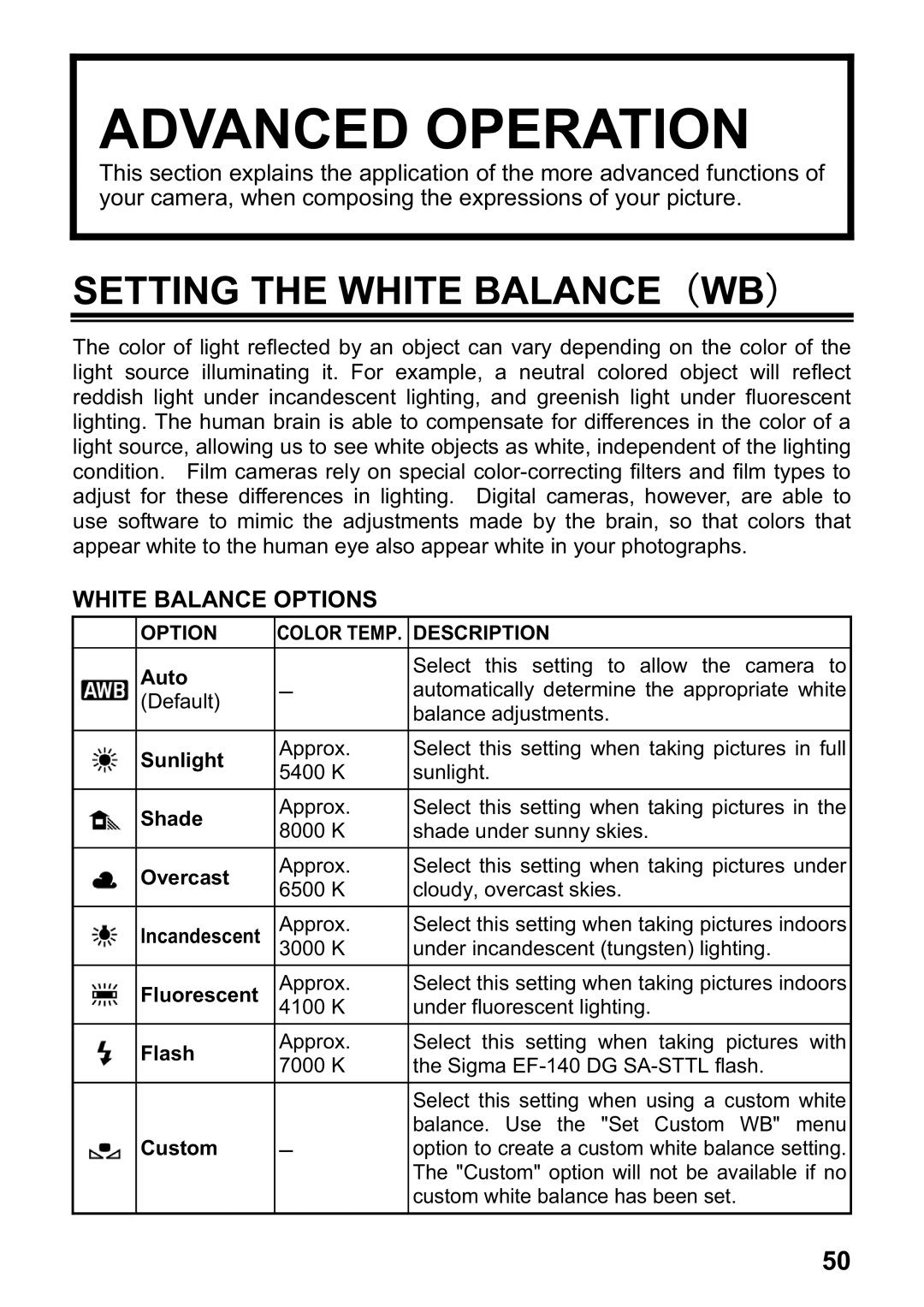 Sigma DP1 user manual Advanced Operation, Setting the White Balance WB 