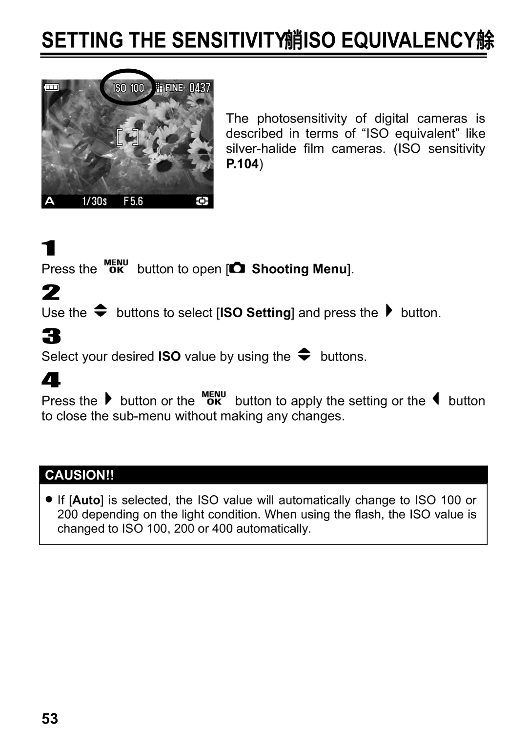 Sigma DP1 user manual Setting the Sensitivity ISO Equivalency 