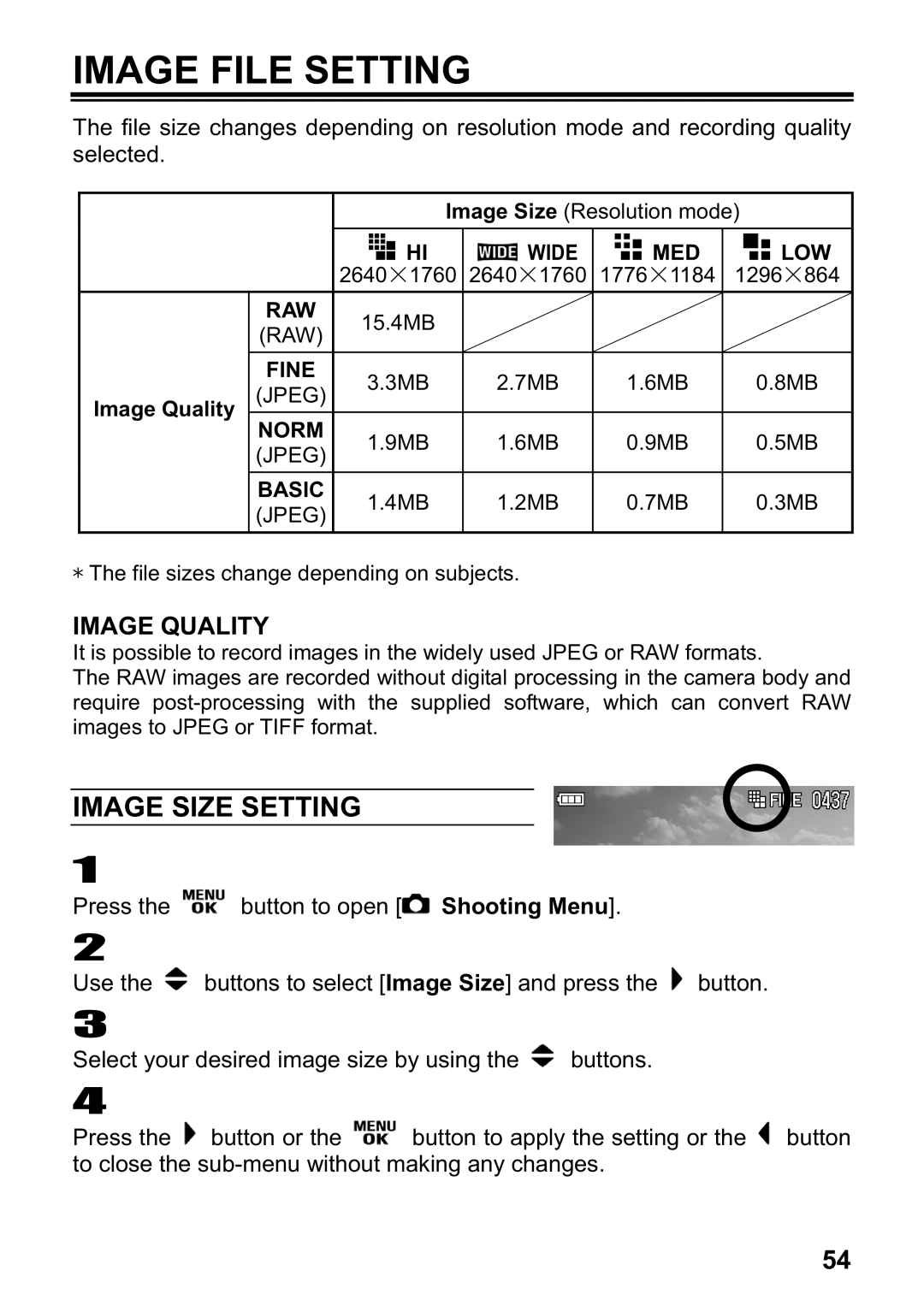 Sigma DP1 user manual Image File Setting, Image Size Setting, Image Quality, Wide MED LOW 