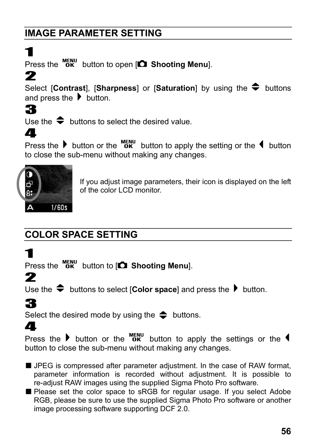 Sigma DP1 user manual Image Parameter Setting, Color Space Setting 