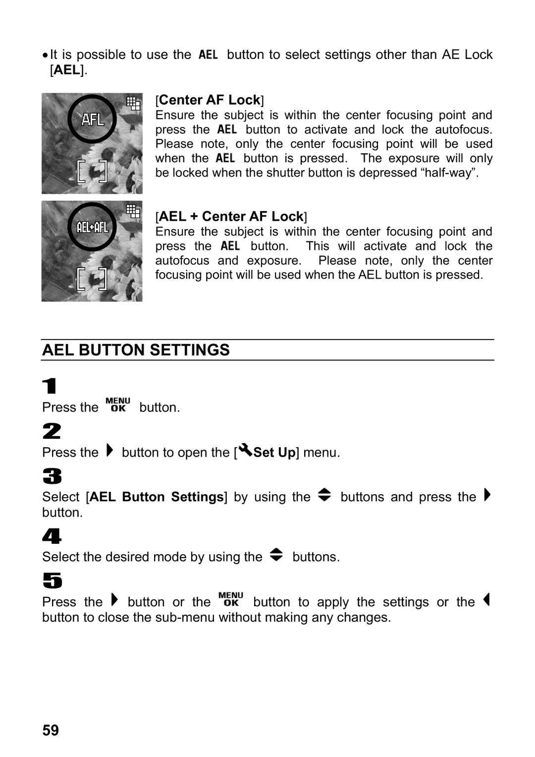 Sigma DP1 user manual AEL Button Settings, AEL + Center AF Lock 