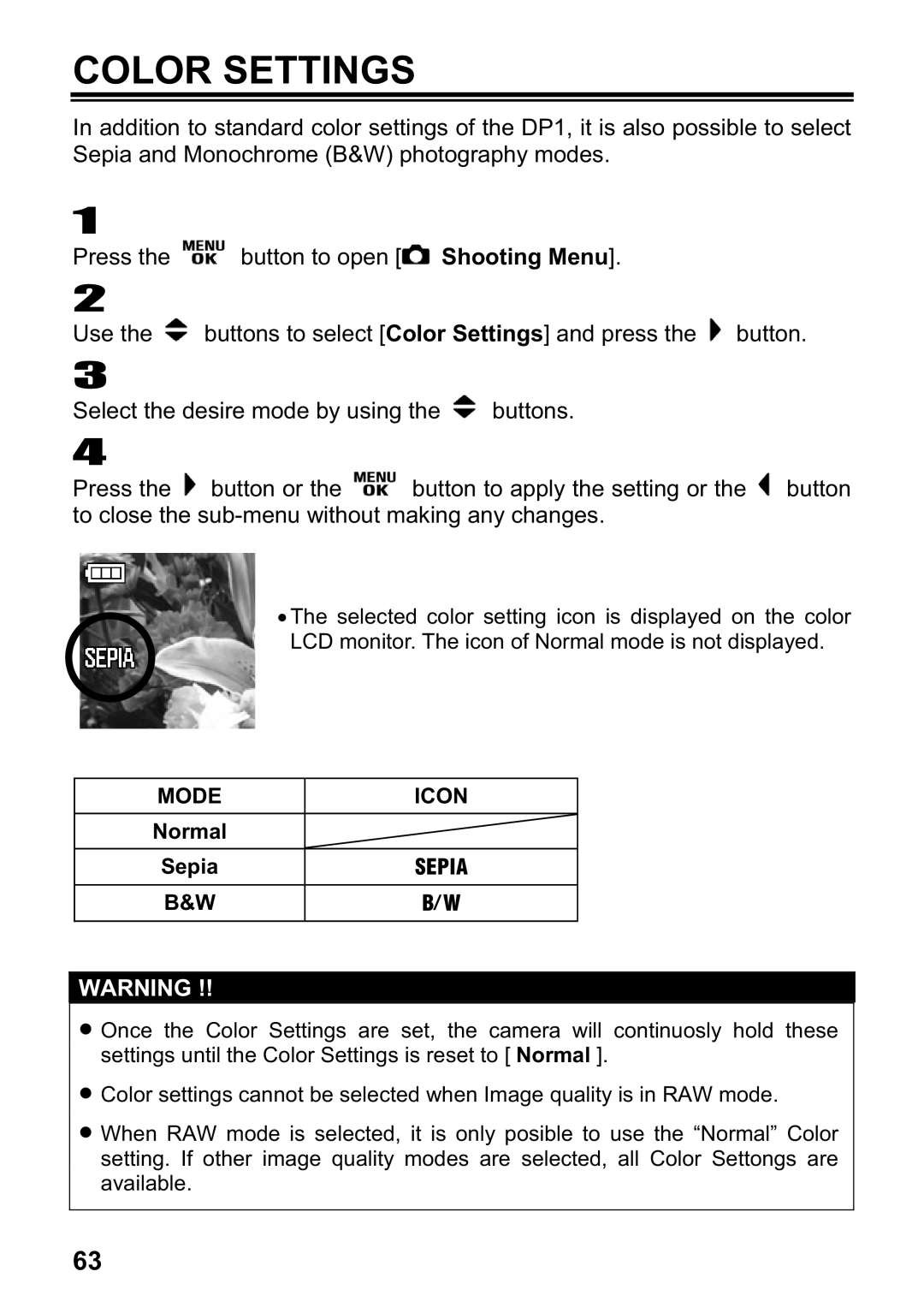 Sigma DP1 user manual Color Settings, Mode Icon 