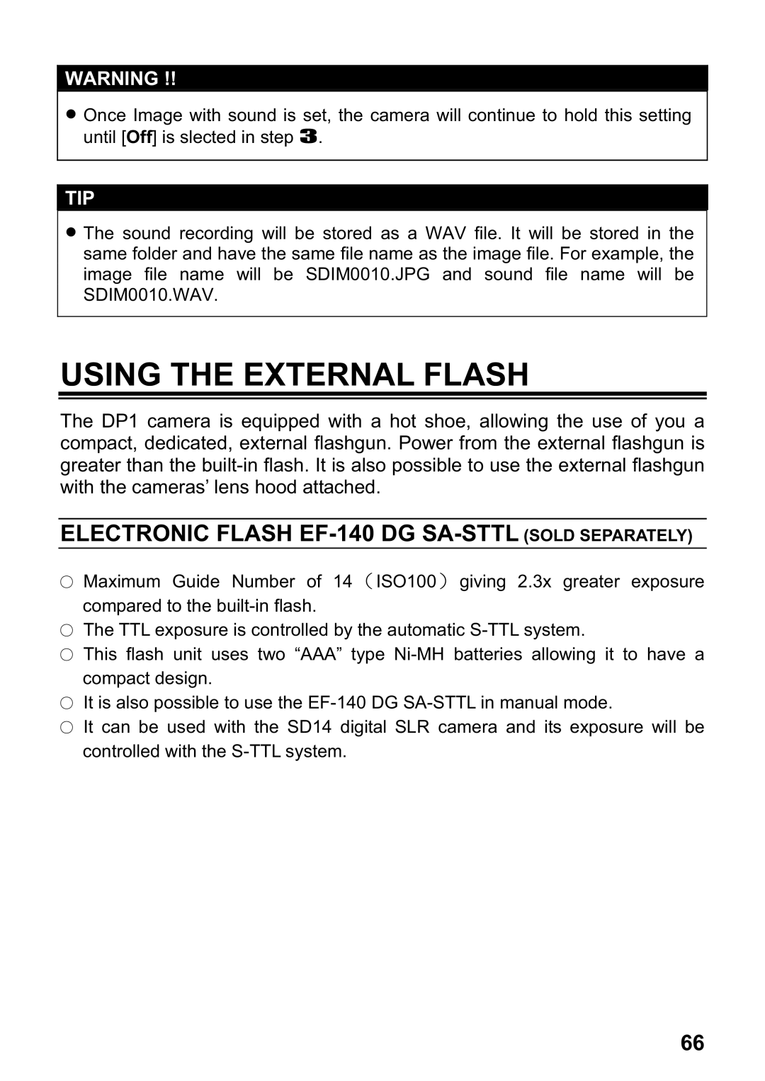 Sigma DP1 user manual Using the External Flash, Electronic Flash EF-140 DG SA-STTL Sold Separately 