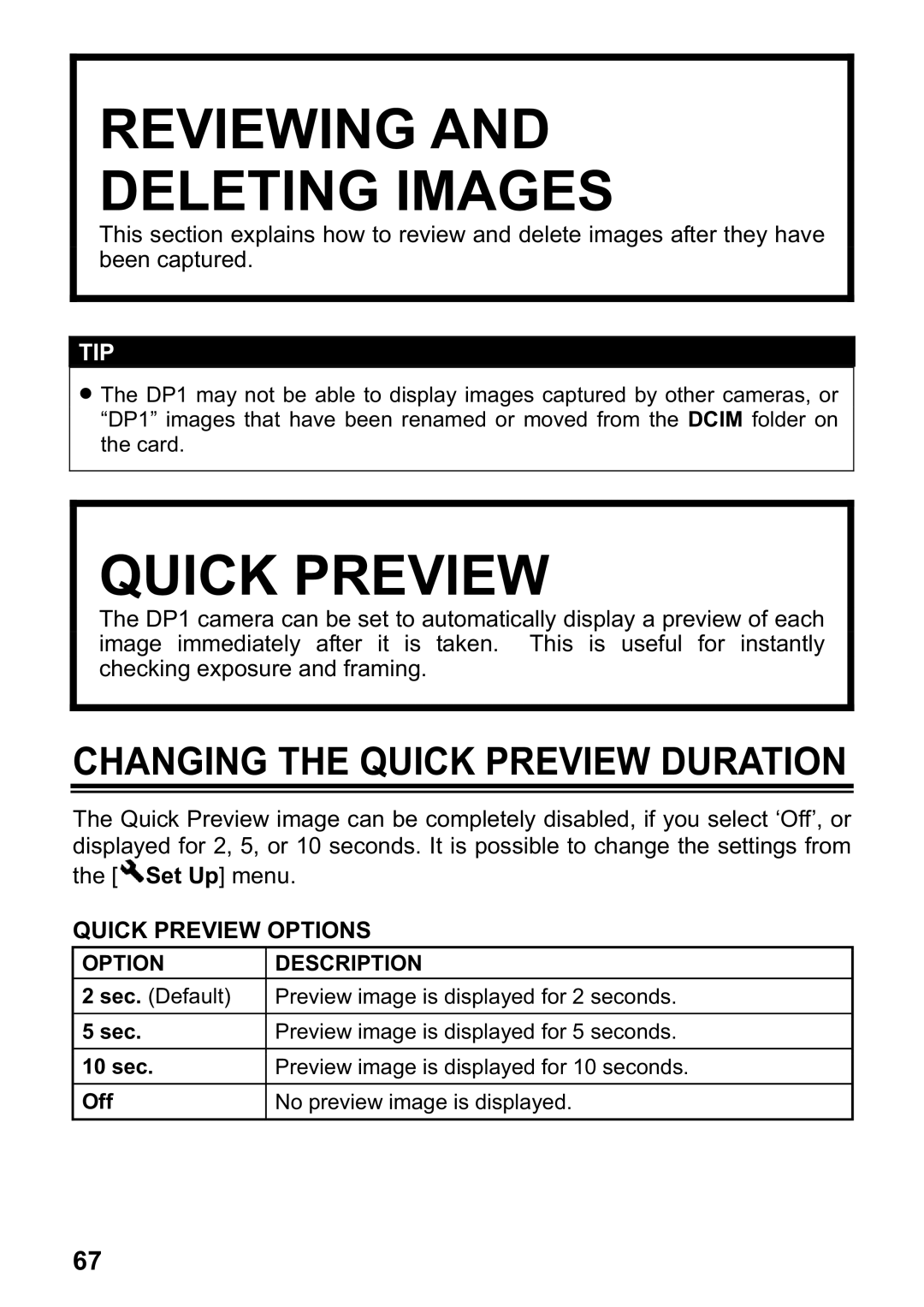 Sigma DP1 user manual Reviewing Deleting Images, Changing the Quick Preview Duration, Option Description 