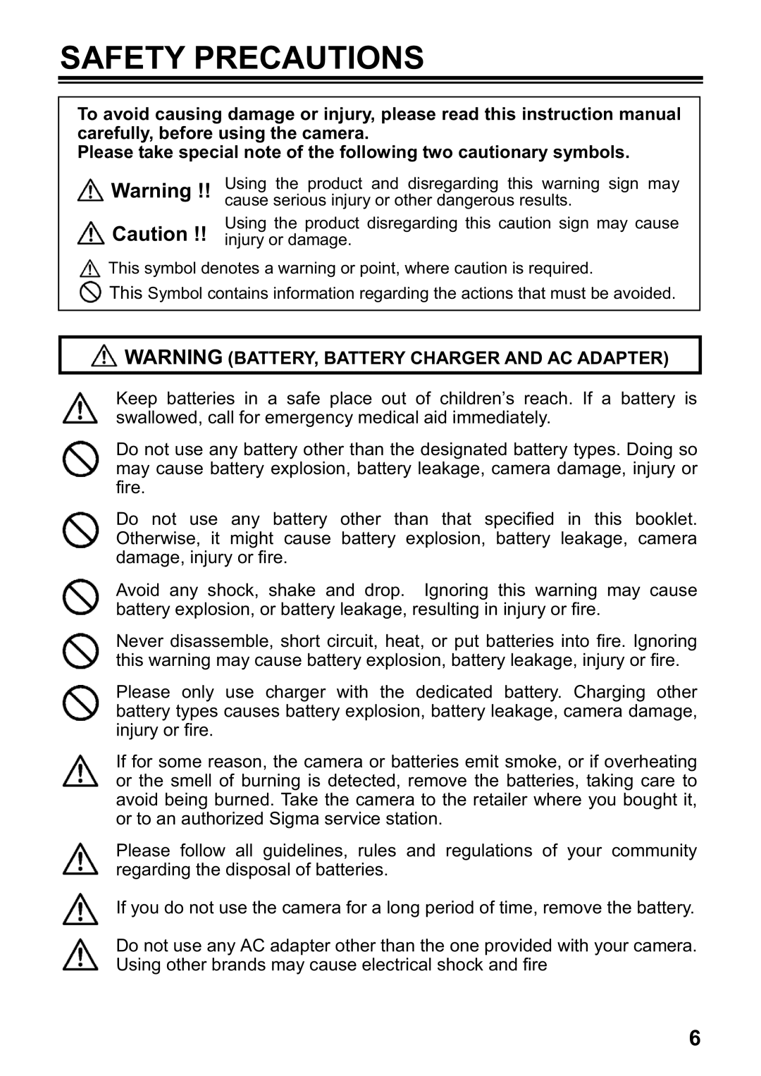 Sigma DP1 user manual Safety Precautions 