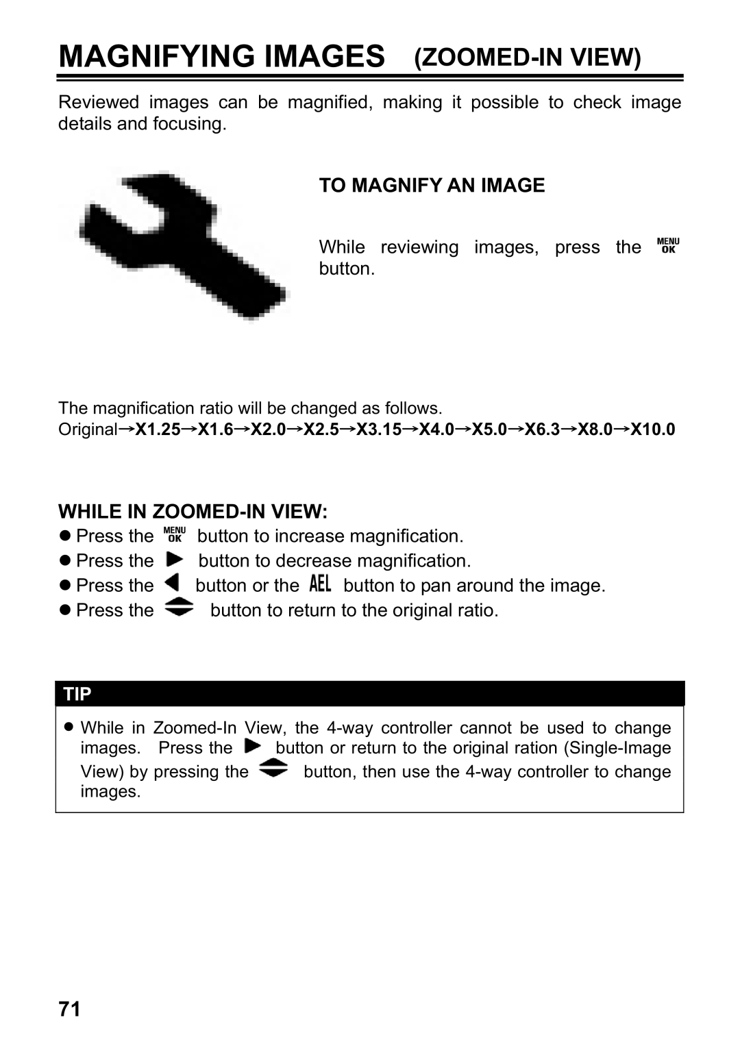 Sigma DP1 user manual Magnifying Images ZOOMED-IN View, To Magnify AN Image, While in ZOOMED-IN View 