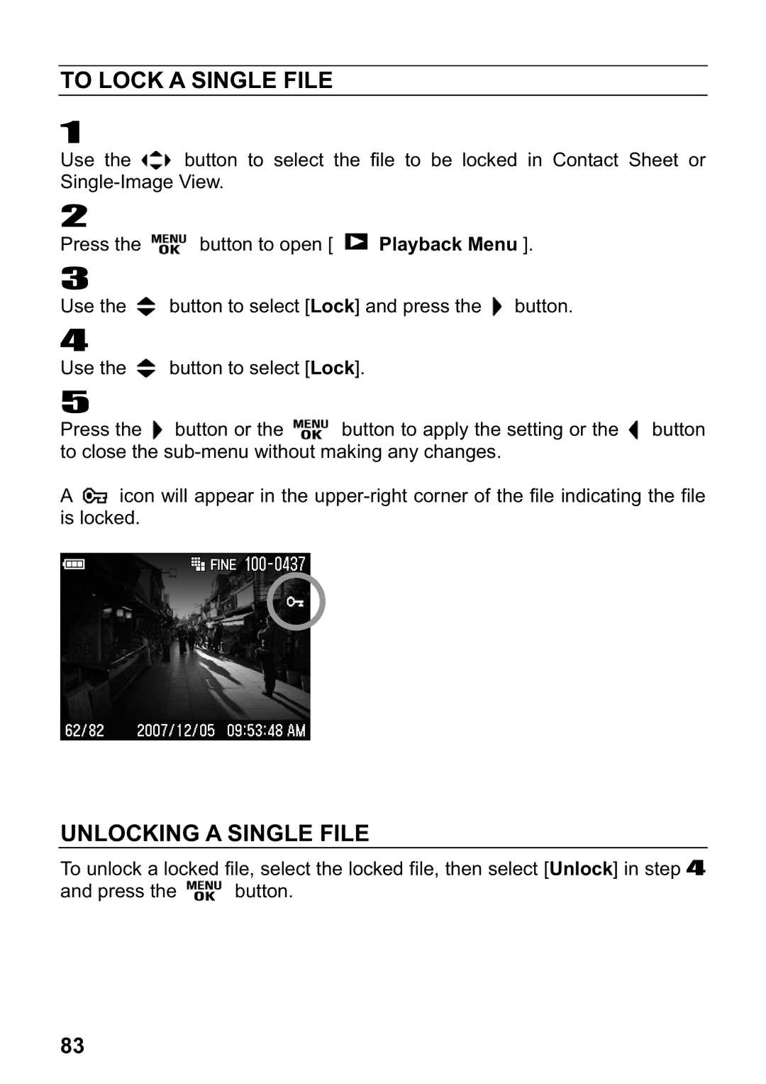 Sigma DP1 user manual To Lock a Single File, Unlocking a Single File 