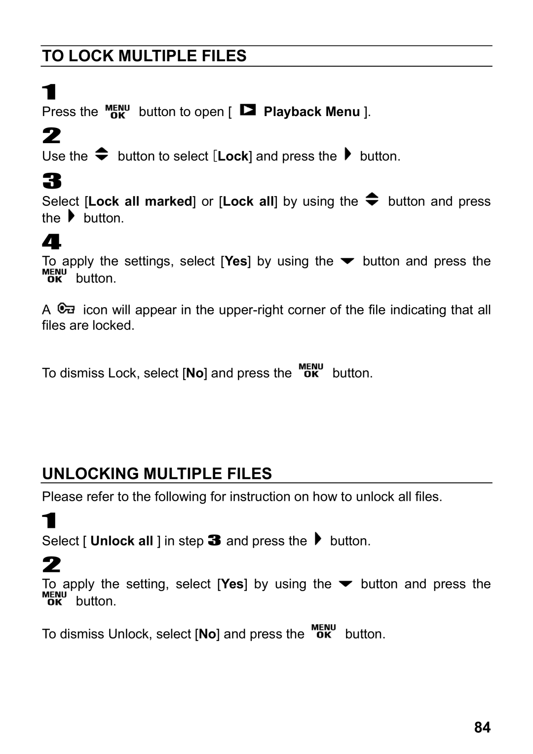 Sigma DP1 user manual To Lock Multiple Files, Unlocking Multiple Files 