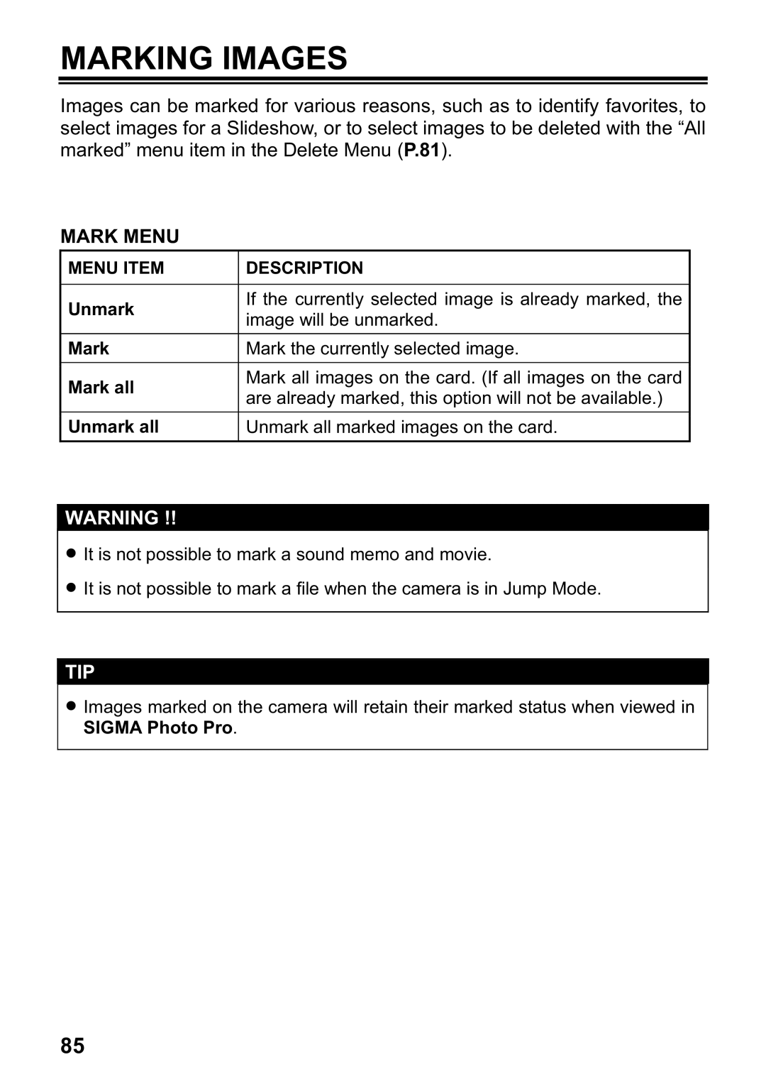 Sigma DP1 user manual Marking Images, Mark Menu 