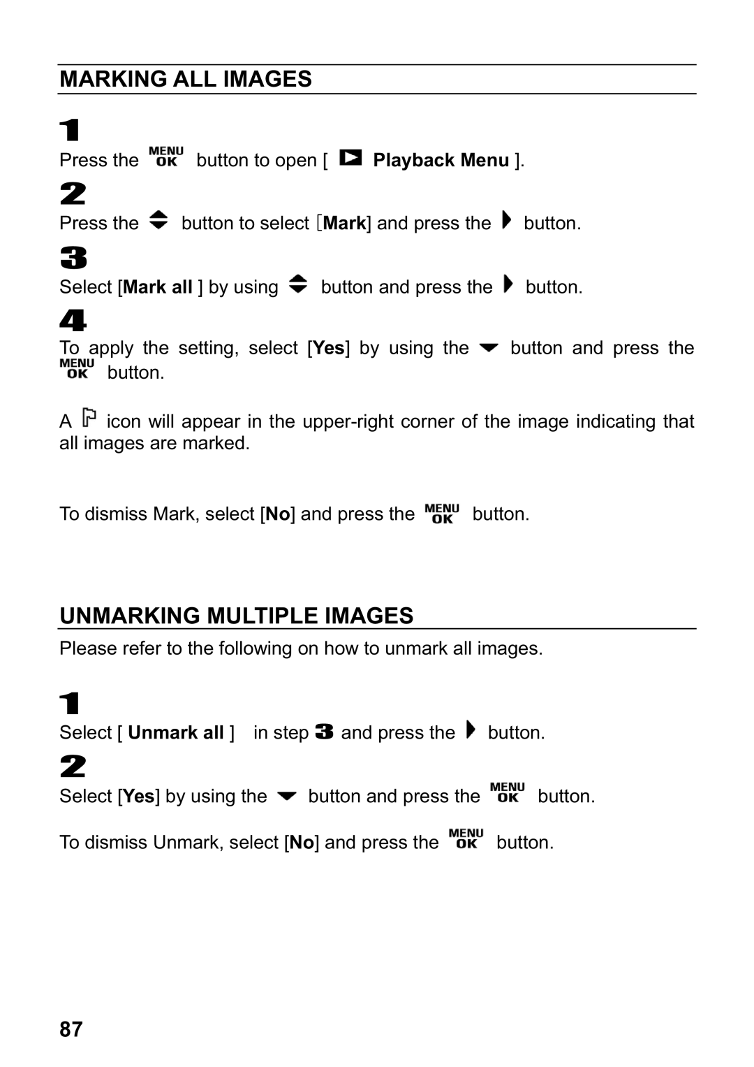 Sigma DP1 user manual Marking ALL Images, Unmarking Multiple Images 